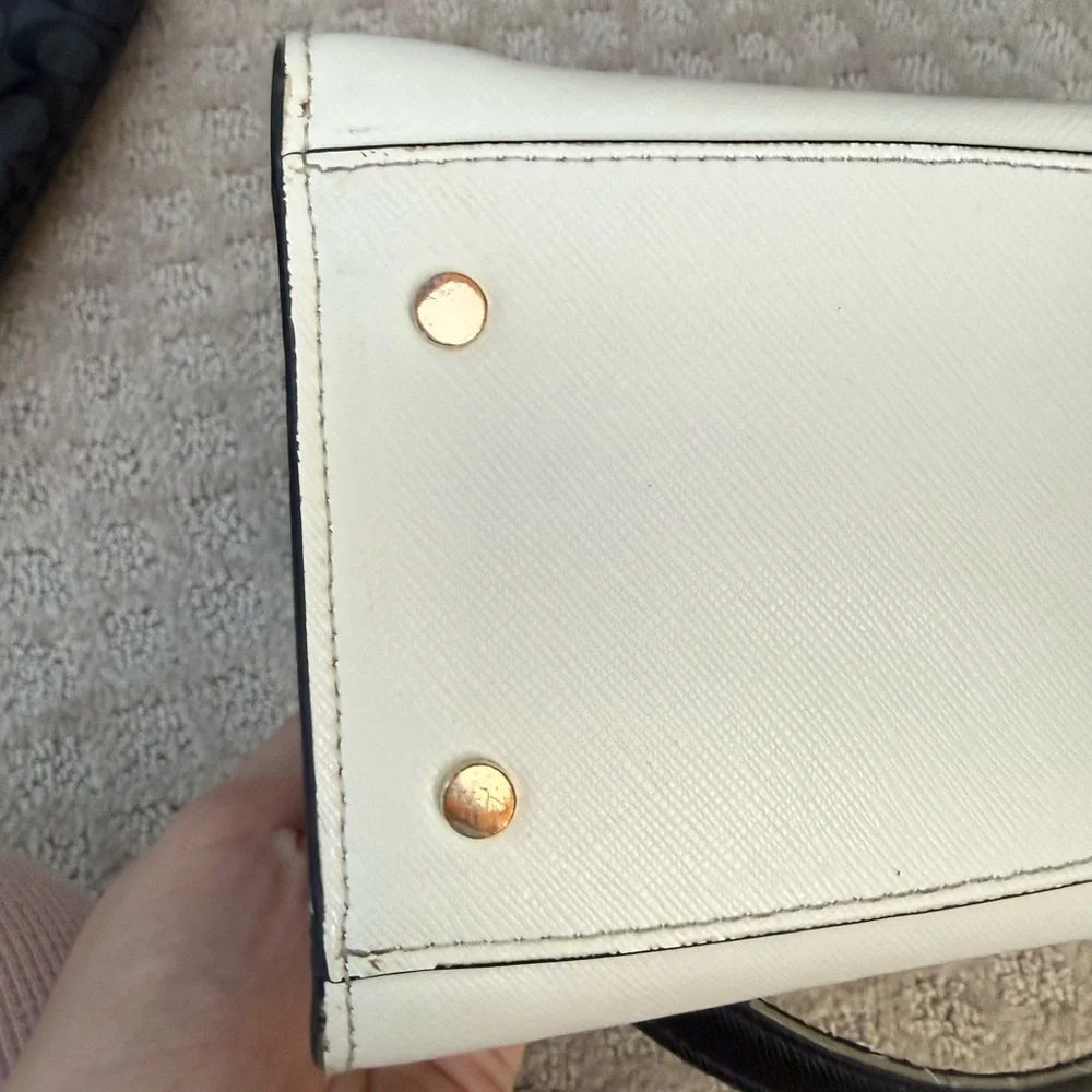 Kate Spade Perry Medium Satchel Bag Warm Beige Saffiano Leather Black Straps